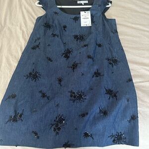 Blue Sleeveless Dress with Black Beaded Embellishments - ZARA
